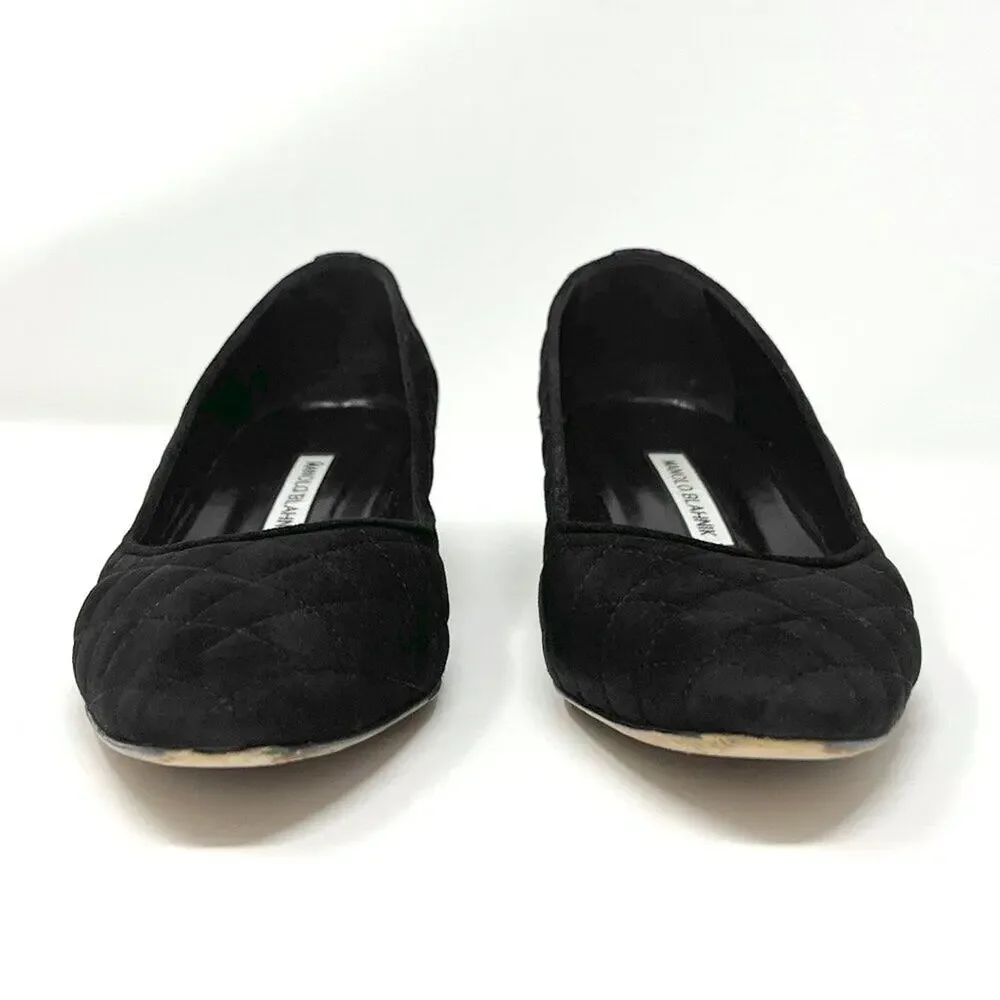Manolo Blahnik Lisqui Quilted Suede Block Heel Pumps Black Size 39‎ US 9